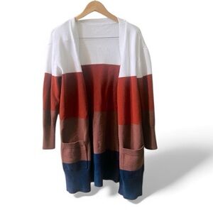 Colorblock Boutique Open Cardigan Size Large Pockets White Orange Blue